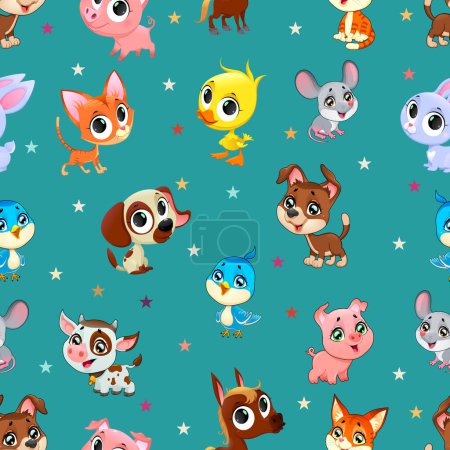 Cartoon animals, cute birds, animals, dogs, cats, pigs, cow, horse, bunny, mouse, seamless pattern, childrens pattern, creative childrens texture, print, for fabric, packaging, textiles, wallpaper