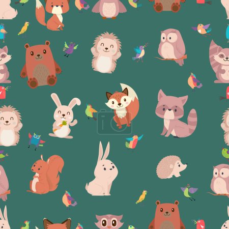 Cartoon animals, cute birds, forest animals, seamless pattern, childrens pattern, creative childrens texture, print, for fabric, packaging, textiles, wallpaper, clothing. Vector illustration.