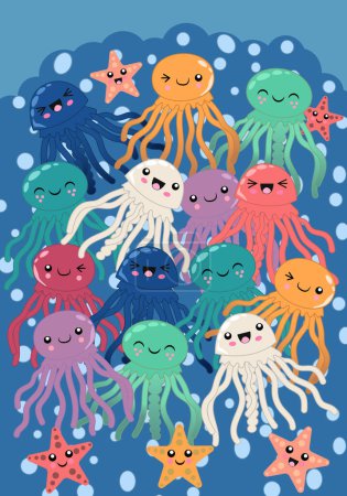 Underwater Brotherhood, funny jellyfish, cute jellyfish, sea world, template for childrens print, paper, fabric, textile, illustration, vector