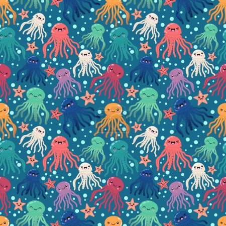 Underwater brotherhood, funny jellyfish, cute jellyfish, sea world, seamless pattern template for childrens print, paper, fabric, textile, illustration, vector