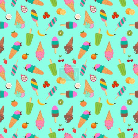 Illustration for Ice cream, different varieties of ice cream, fruit, seamless pattern, print, paper, fabric, for delicious summer dessert menus, background, packaging, scrapbooking, gift wrapping, illustration, vector - Royalty Free Image
