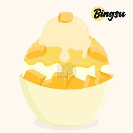 Isolated mango bingsu or shaved ice with fresh mango slices, syrup, and ice cream. Korean traditional dessert