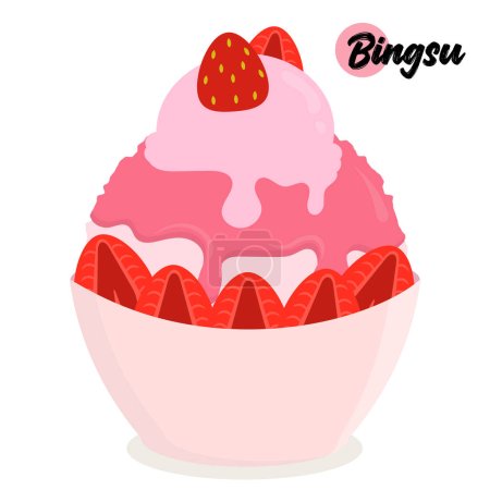 Téléchargez les illustrations : Isolated strawberry bingsu or shaved ice with fresh strawberries, syrup, and ice cream. Korean traditional dessert - en licence libre de droit