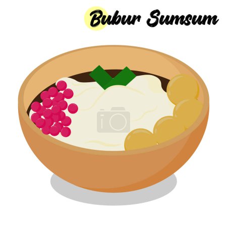 Illustration for Flat design illustration of Indonesian traditional food bubur sumsum or rice flour with coconut milk porridge, sweet potato balls, and palm sugar syrup - Royalty Free Image