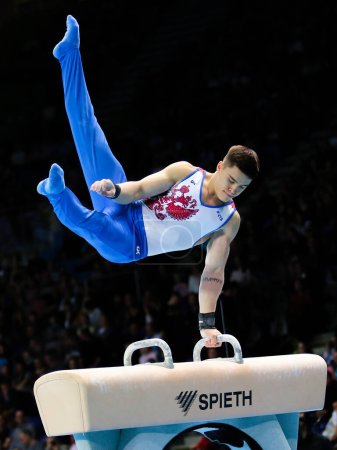 Photo for Szczecin, Poland, April 13, 2019: Nikita Nagornyy of Russia competes on the pommel horse during the European artistic gymnastics championships - Royalty Free Image
