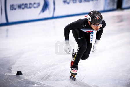 Photo for Dresden, Germany, February 02, 2019: male speed skater Kota Kikuchi of Japan competes during the ISU Short Track Speed Skating World Championship - Royalty Free Image