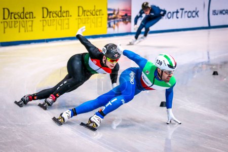 Photo for Dresden, Germany, February 01, 2019: Mattia Antonioli of Italy competes during the ISU Short Track Speed Skating World Championship in Dresden, Germany. - Royalty Free Image