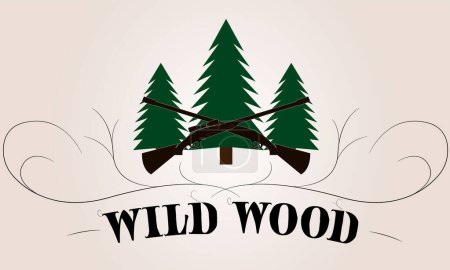 Illustration for Logotype design on theme hunting, wild wood with green trees and weapons - Royalty Free Image
