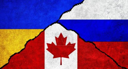 Rusia, Ucrania y Canadá bandera juntos en la pared. Relaciones diplomáticas entre Rusia, Canadá y Ucrania