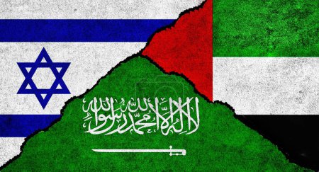 Téléchargez les photos : L'Arabie saoudite, les Émirats arabes unis et Israël drapeaux ensemble sur un fond texturé. Relations diplomatiques entre Israël, les Émirats arabes unis et l'Arabie saoudite concept - en image libre de droit