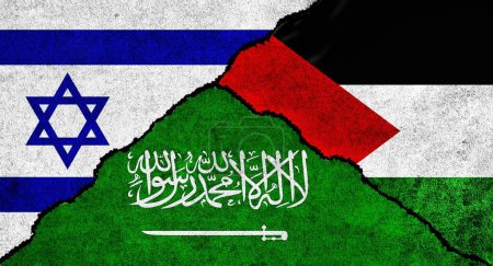 Photo for Saudi Arabia, Palestine and Israel flag together on a textured background. Diplomatic relations between Israel, Palestine and Saudi Arabia concept - Royalty Free Image