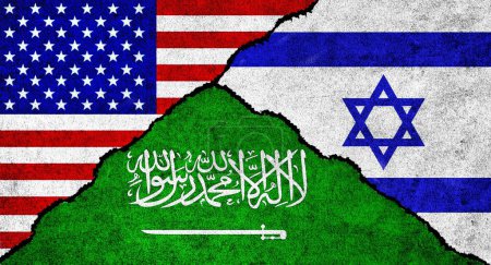 Téléchargez les photos : Les États-Unis, l'Arabie saoudite et Israël drapeaux ensemble sur un fond texturé. Relations diplomatiques entre Israël, les États-Unis d'Amérique et l'Arabie saoudite concept - en image libre de droit