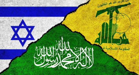 Téléchargez les photos : Le Hamas, le Hezbollah et Israël drapeaux ensemble sur un fond texturé. Conflit entre Israël, le Hezbollah et le Hamas - en image libre de droit