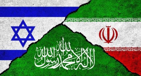Téléchargez les photos : Le Hamas, l'Iran et Israël drapeaux ensemble sur un fond texturé. Conflit entre Israël, l'Iran et le Hamas - en image libre de droit