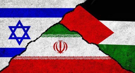 Palestine, Iran and Israel flag together on a textured background. Conflict between Israel, Iran and Palestine concept