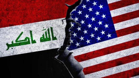 Téléchargez les photos : Les États-Unis et l'Irak ont peint des drapeaux sur un mur avec une fissure. Conflit États-Unis Irak - en image libre de droit