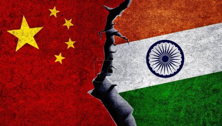 Indien und China flaggen gemeinsam. China und Indien streiten. China gegen Indien