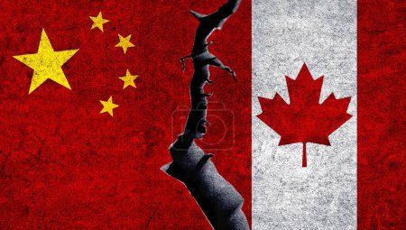 Téléchargez les photos : China and Canada painted flags on a wall with a crack. China and Canada relations - en image libre de droit