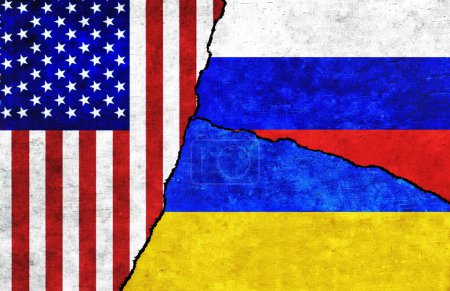 Photo for USA, Russia and Ukraine flags on a wall with a crack. United States of America, Ukraine and Russia relations - Royalty Free Image