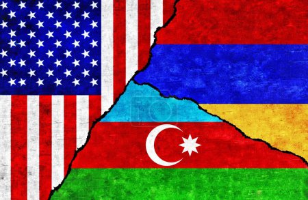 Téléchargez les photos : L'Azerbaïdjan, les États-Unis d'Amérique et l'Arménie drapeaux sur le mur avec fissure. Relations Etats-Unis, Azerbaïdjan et Arménie - en image libre de droit