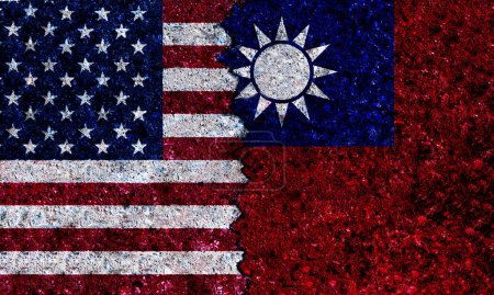 Téléchargez les photos : Les États-Unis d'Amérique et Taiwan ont peint des drapeaux sur un mur avec une fissure. États-Unis et Taiwan relations. USA vs Taiwan - en image libre de droit