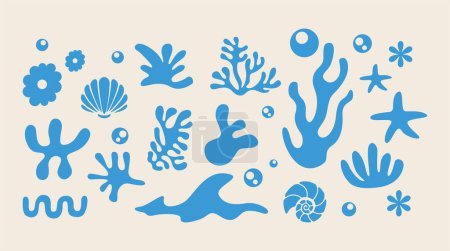 Téléchargez les illustrations : Illustration de la vie marine vecteur corail, coquille, pétoncle, étoile de mer, fond marin silhouette imprimable - en licence libre de droit
