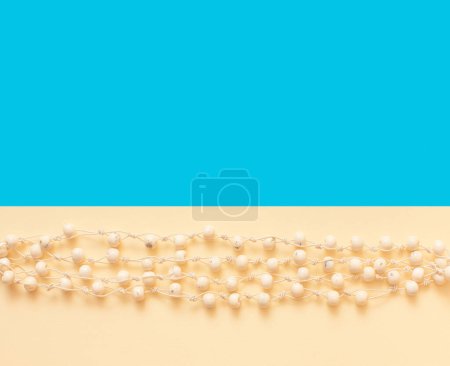 Téléchargez les photos : Concept d'été avec filet de pêche sur la plage de sable et la mer bleue. Concept créatif. Pose plate. - en image libre de droit