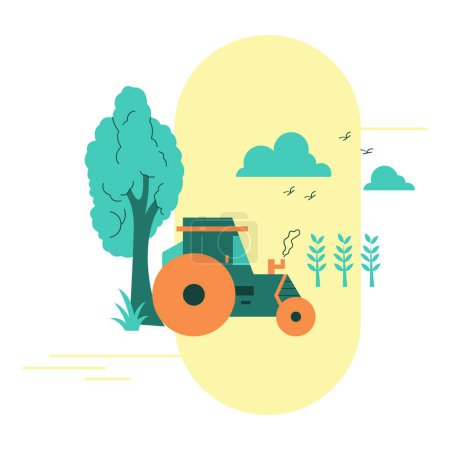 Tractor máquina vector ilustración. Ilustración moderna vector plano en colores sólidos con tema de agricultura.