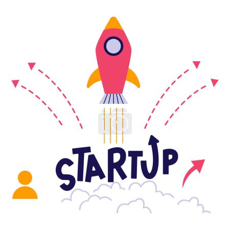 Skyrocketed startup concept with rocket. Vector illustration in flat style with startup theme. Editable vector illustration.