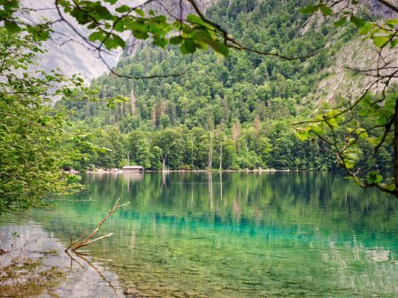 Téléchargez les photos : Vue sur le lac avec des eaux cristallines du lac Obersee dans le parc national de Berchtesgaden, Bavière, Allemagne - en image libre de droit