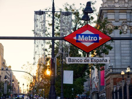 Photo for Metro sign in city street. Madrid, Spain - Royalty Free Image