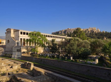 Photo for Ancient Agora, Stoa of Attalos and Acropolis Athens view in sunset colors - Royalty Free Image