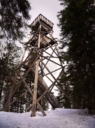 Haute tour d'observation en bois entourée d'arbres et de neige 