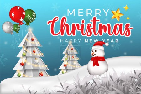 Foto de Realista feliz Navidad y año nuevo fondo con muñeco de nieve y árbol de Navidad vector ilustración - Imagen libre de derechos