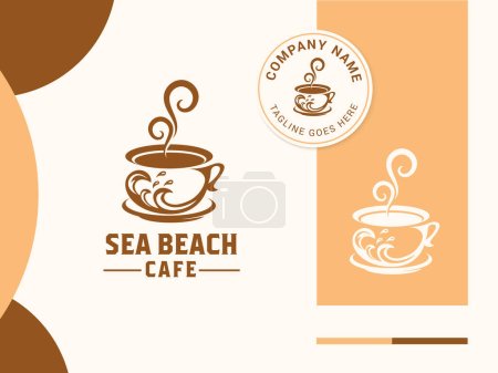 Téléchargez les illustrations : Coffee cup or tea cup logo design template for sea beach coffee shop, cafe. - en licence libre de droit