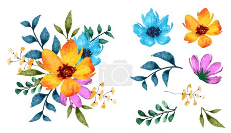 Foto de Coloridas flores y hojas ilustración con un ramo de acuarela - Imagen libre de derechos