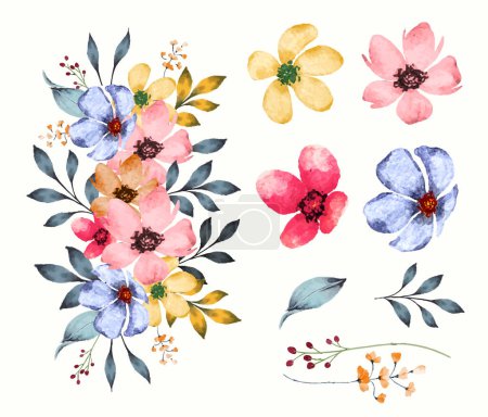 Illustration for Pastel watercolor bouquet with isolated flowers and leaves - Royalty Free Image