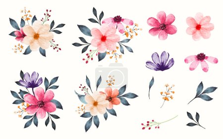Ilustración de Color pastel flores y hojas aisladas con ramo - Imagen libre de derechos