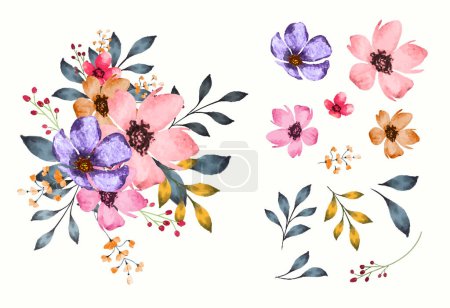 Téléchargez les illustrations : Fleurs isolées aquarelle et feuilles avec bouquet - en licence libre de droit