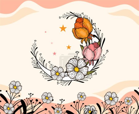 Foto de Marco floral y diseño de fondo. Corona floral dibujada a mano con flores y hojas para la tarjeta de invitación de boda. - Imagen libre de derechos