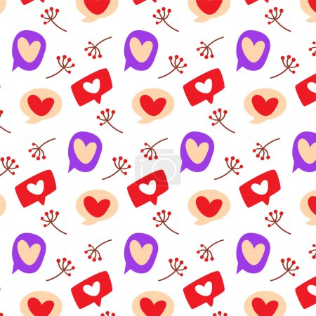 Illustration for Seamless pattern of love. Happy Valentine's day. Hand-drawn doodles on white background. Cute hearts, messege - Royalty Free Image