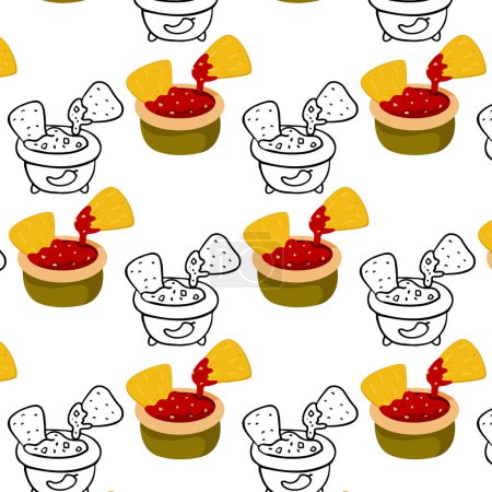 Pattern, wallpaper with food on a white background. Mexican fast food tomato salsa with nachos chips