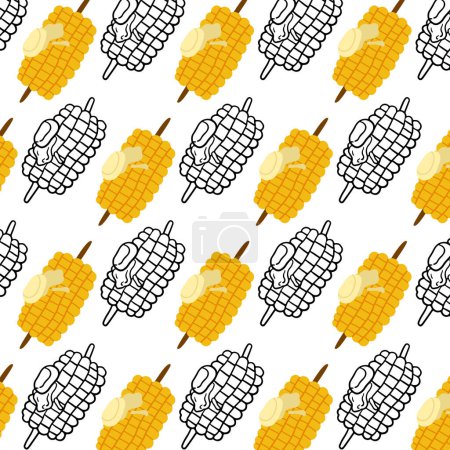 Pattern, wallpaper with food on a white background. Grilled corn appetizer hand drawn