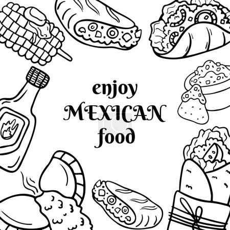 Hand drawn Mexican cuisine dishes. Food coloring book