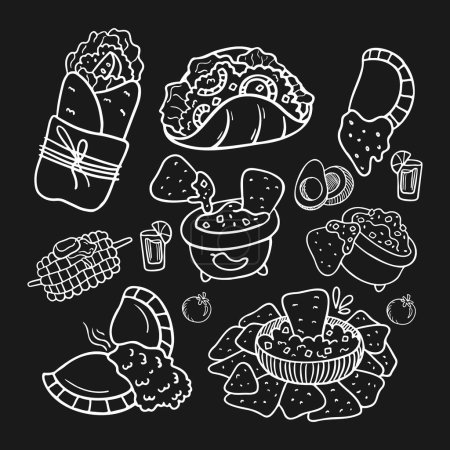 Mexikanische Gerichte auf schwarzem Hintergrund. Kreidehintergrund. Handgezogene Nachos, Tacos, Burritos.
