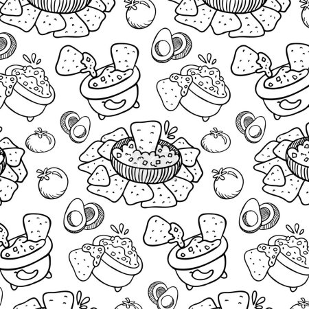 Mexican food coloring page. Nachos with guacamole, tomato salsa. Print, background, pattern of mexican food