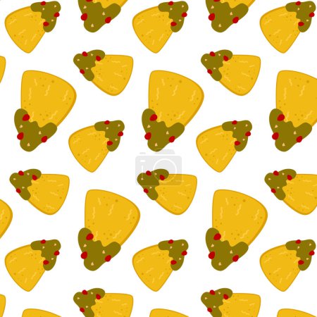 Colorful background with mexican chips. Nachos chips in guacamole sauce. Vector cartoon food. Festive background