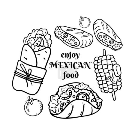 Mexican food coloring page. Doodle burrito, tacos, corn. Latin American cuisine