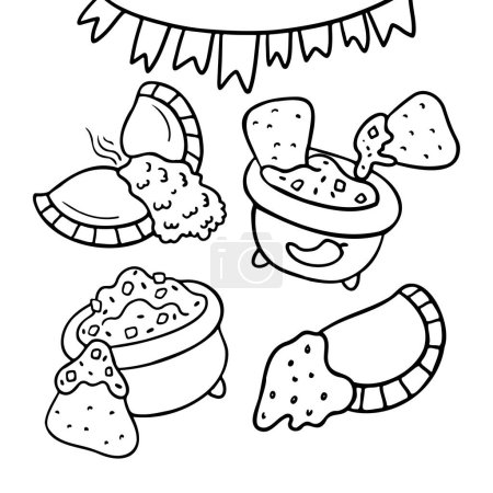 Página para colorear comida mexicana. Nachos con guacamole, salsa de tomate. Empanadas. Estilo Doodle