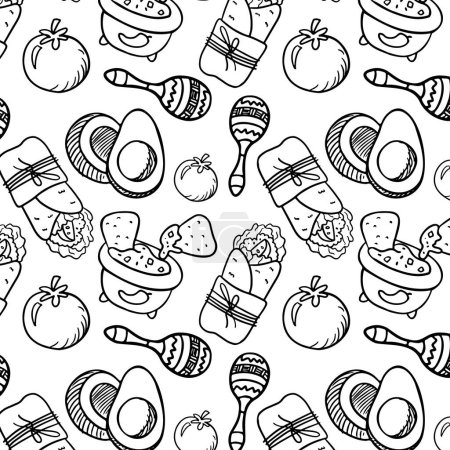 Mexican food coloring page. Nachos with guacamole, burito. Print, background, pattern of mexican food